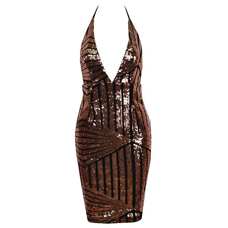 Sexy Bandage Deep V-neck Backless Sequin Dress Women Sleeveless Halter Club Party Dress Short Party Casual Mini Dresses Vestidos (4)