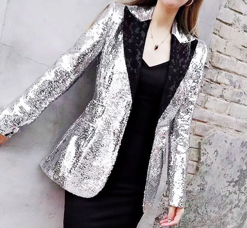 awesome  New ZLY Spring and Summer New Women s Fashion Sequins Long Suit Jacket Slim Night Club Coats