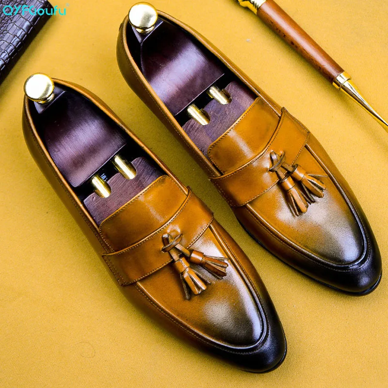 

QYFCIOUFU 2019 Handmade Italy Designer Vintage Men's Oxford Shoes Genuine Leather Wedding Party Formal tassel Male Dress Shoes
