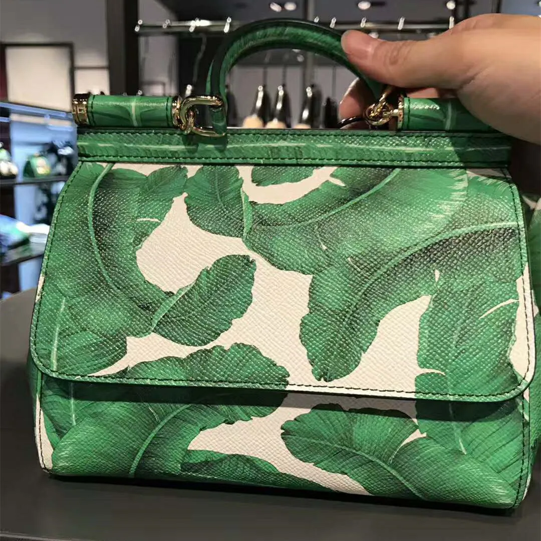 

Luxury Seaside Vacation Women Beach Bags Banana Leaf Print Tote Bag Elegant Lady Handbags Genuine Leather Shoulder Messenger Bag