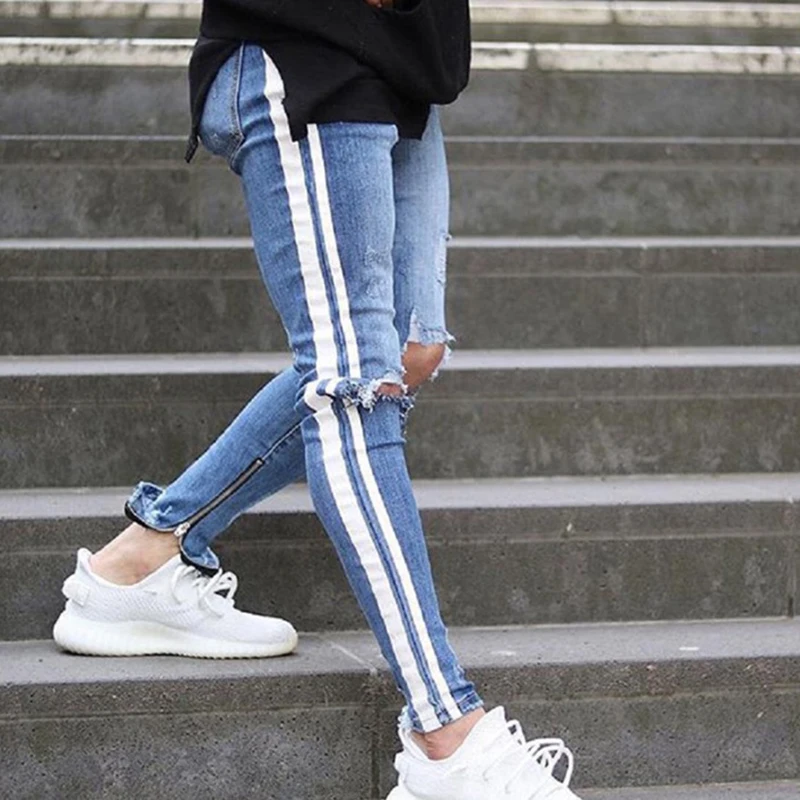 

Men denim ripped hole Jeans side striped line Jeans Fashion Hip hop Skinny pencil Jeans For Men stretch ankle zipper black jeans