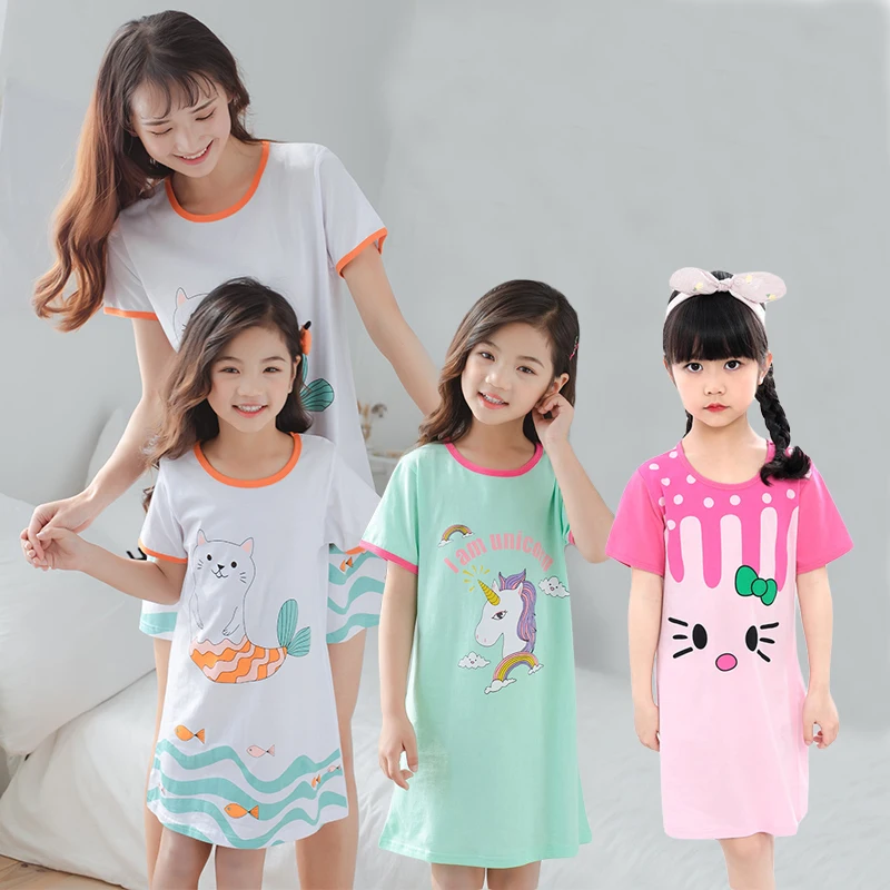 

Girl Cotton Nightgown Unicorn Nightdress For Mother Kids Summer Short-sleeve Sleepwear Baby Parent-child Nightwear Fashion Dress