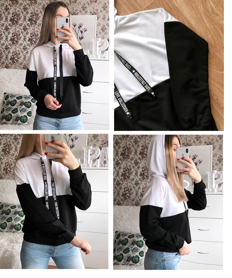  ROMWE Black And White Letter Hooded Sweatshirt Women Casual Autumn Long Sleeve Clothing Ladies Spri