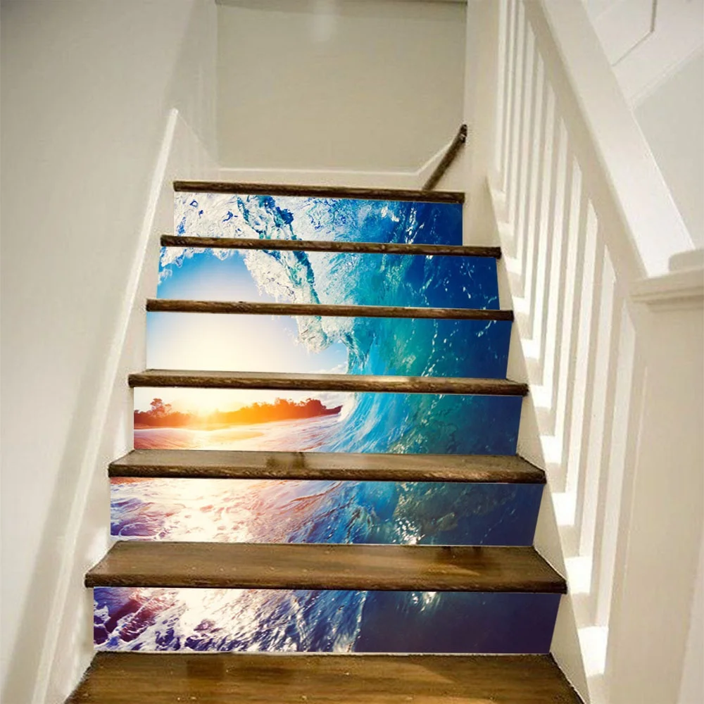 PVC wall stickers Stair Risers wall paper sticker stair sticker waterproof wall sticker waves pattern stickers for staircases wall mural sticker Christmas