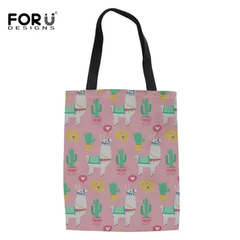 

FORUDESIGNS Cartoon Cute Alpaca Pattern Women Shopping Bags Reusable Canvas Ladies Tote Shoulder Bags Eco-friendly Shopper Bags