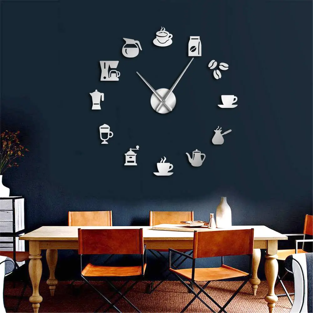 Modern DIY 3D Black Coffee Cups Number Sticker Wall Clock Home Office Decor 