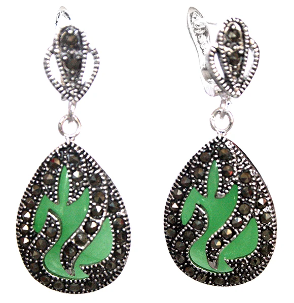 11/2 "Nobile 925 Silver & Marcasite Intarsio Verde Giada Naturale Waterdrop Orecchini