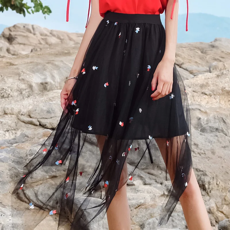 Buy Lady heart embroidery A line skirt irregular mesh skirts summer elastic