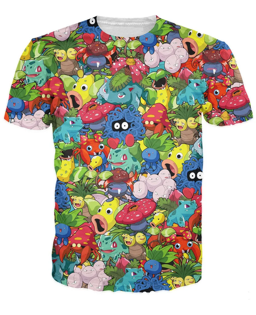 New Original Grass Cartoon Collage T Shirt Classic Pokedex Character 3D