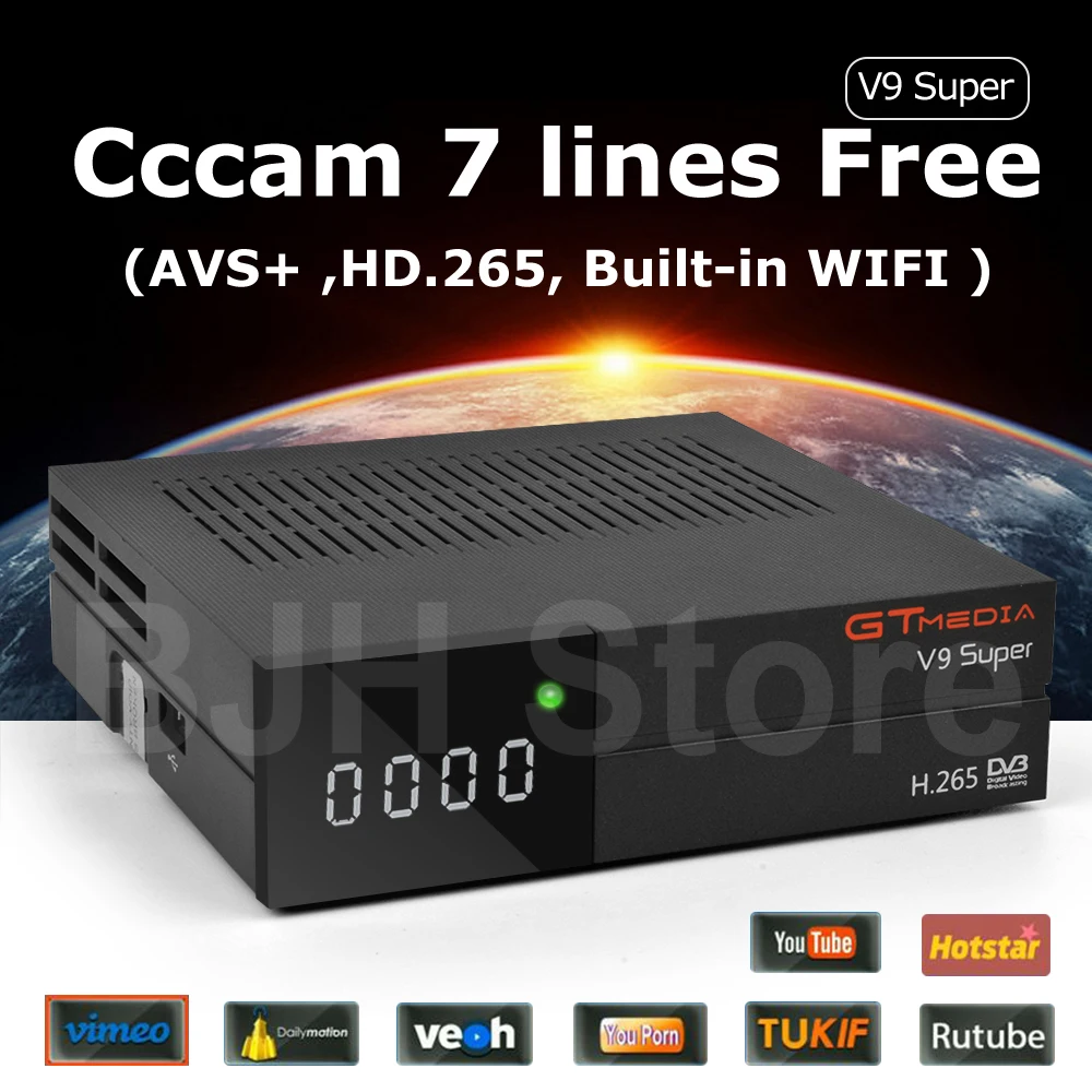 

FREESAT Gtmedia V9 Super DVB-S2 Built-in WIFI Support AVS+HD.265 Youtube Satellite Receiver with 1 year 7 Lines cccam TV box