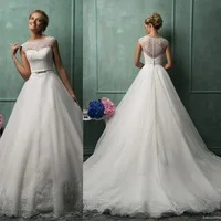 Top Lace Designer Wedding Dresses Sheer Back Button New White Cap Sleeve A Line Bridal Gowns vestido de noiva Custom Made
