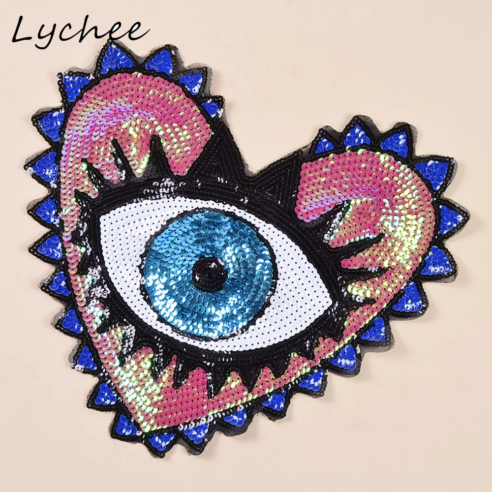 Lychee Shiny Sequin Love Heart Shape Evil Eyes Embroidered Sew On