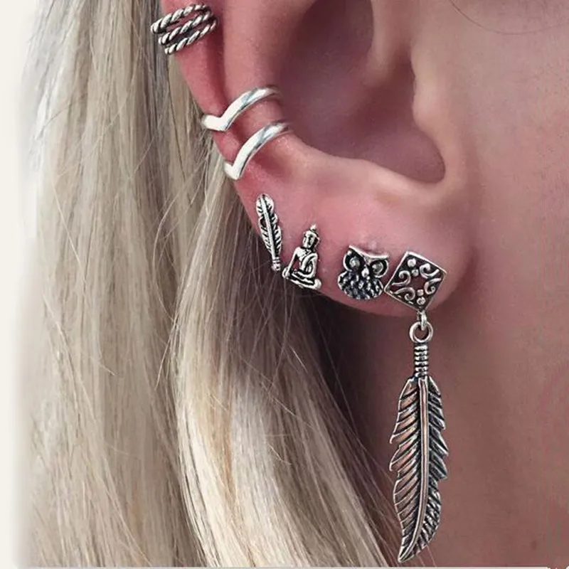 Fashion 7PCS Boho Earrings Set Feather Buddha Owl Leaves Moon Ancient Silver Color Stud Earring Ear Cuff Vintage Beach Jewelry | Украшения