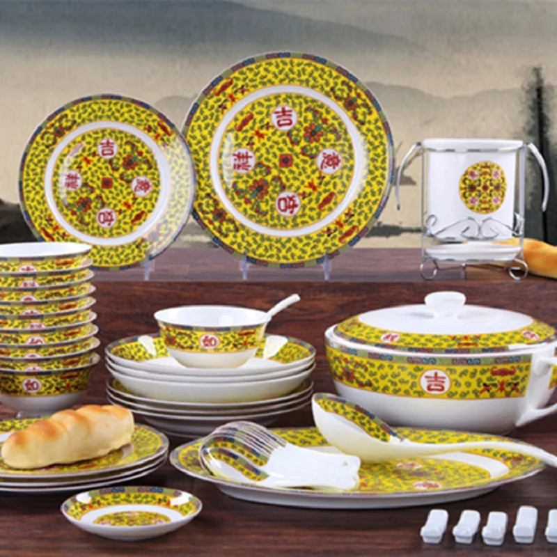 

Jingdezhen ceramic tableware 56 pieces bone china tableware factory direct sales of good luck set of dishes