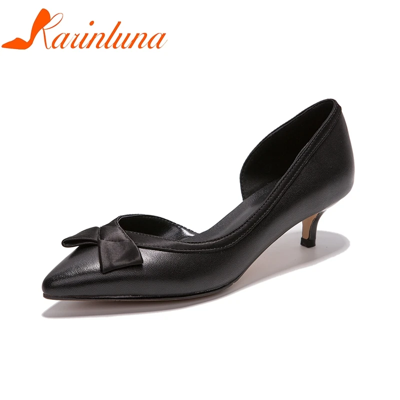 

KARINLUNA Genuine Leather 2018 Kid Suede Slip On Mid Heels Women Pumps Woman Pointed Toe Shoes Woman Size 34-39