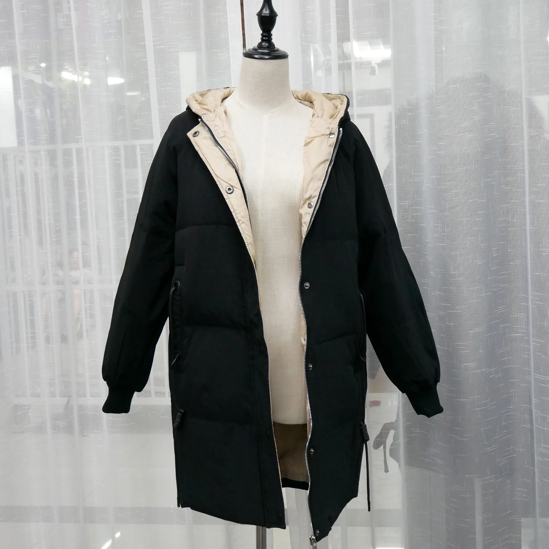 Новая женская зимняя куртка на утином пуху, длинное Свободное пальто с меховым капюшоном размера плюс 5XL, Теплая Верхняя винтажная Повседневная Верхняя одежда Doudoune AC188 - Цвет: black