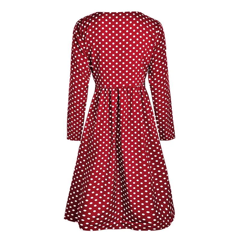Qunndy Sexy Polka Dots A Line Dress Women 2018 Autumn Polyester V Neck Knee Length Buttons Pockets Midi Dresses Beach Vestidos (6)