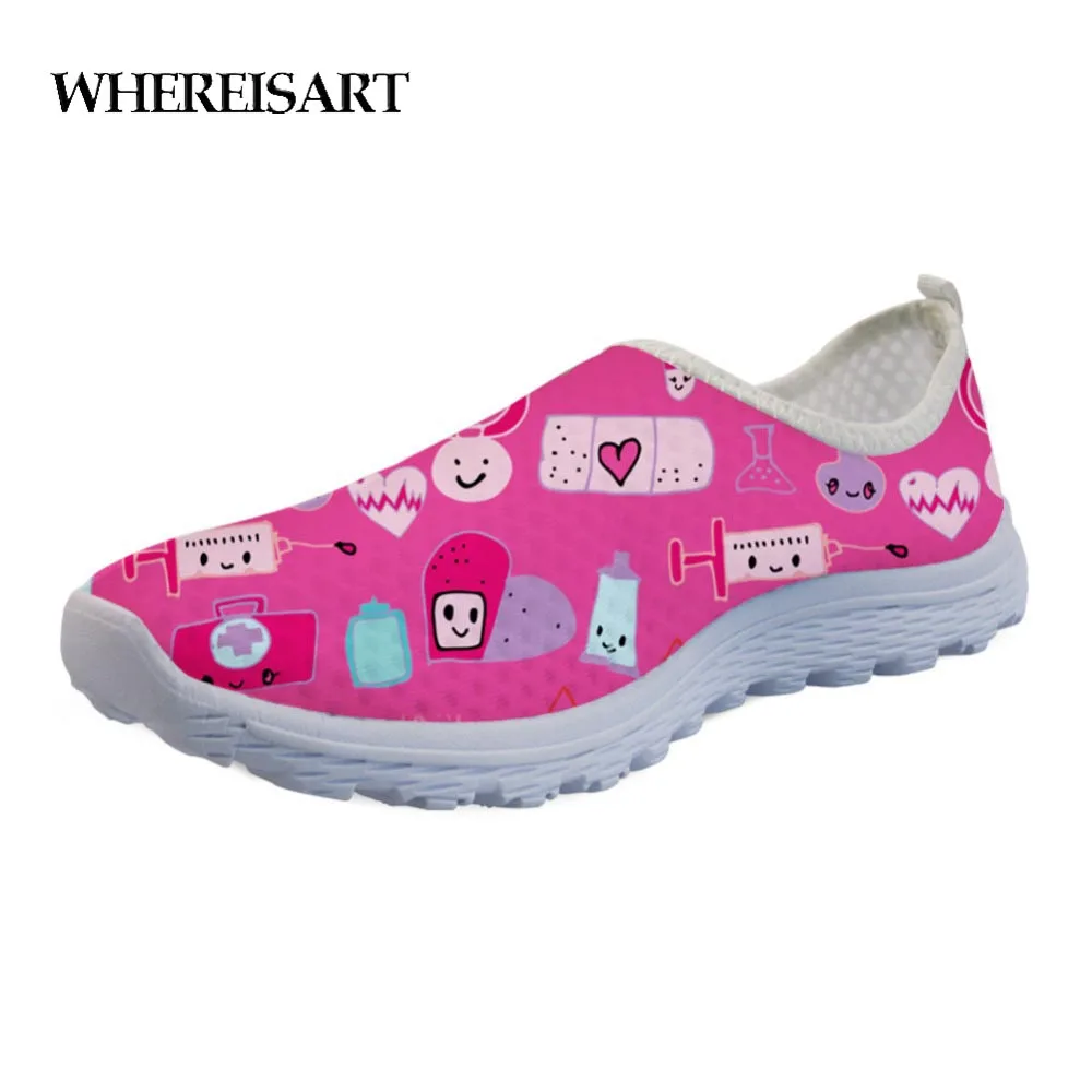 

WHEREISART Casual Soft Flats Shoes Ladies 3D Kawaii Medical Pink Print Summer Slip-on Mesh Sneakers Spring Comfortable Loafers