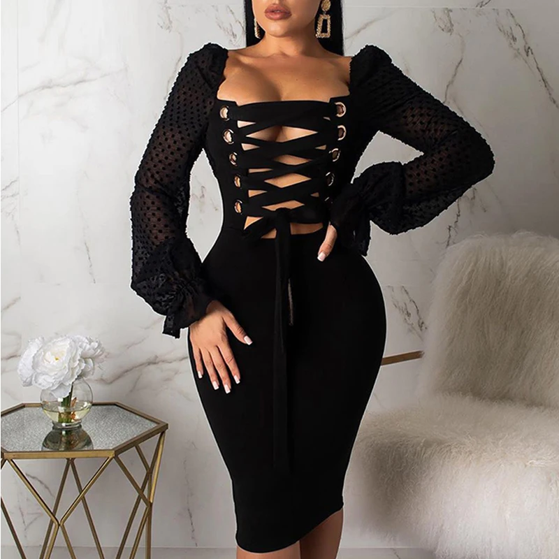 black embroidered lace up back bodycon dress