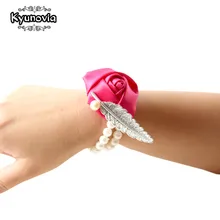 Kyunovia, Цветочный браслет для рук, для выпускного вечера, цветы, корсаж, Свадебные бутоньерки, свадебный браслет на запястье, атласная роза, корсаж на запястье FE55