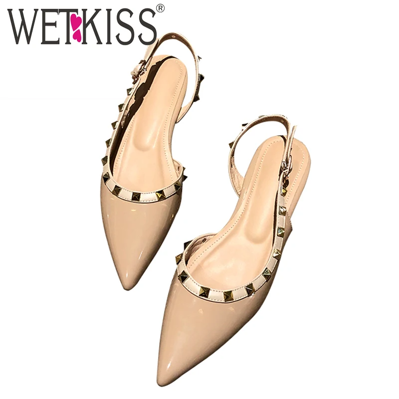 

WETKISS Flat Sandals Summer Pu Sandals Women 2019 Rivet Pointed Toe Shoes Female Studded Shoes Woman White Fashion Dress Shoes