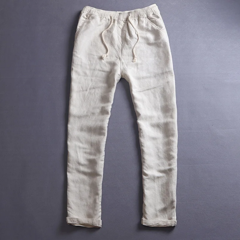 

2019 linen casual trousers men loose cotton trousers with elastic waist wave