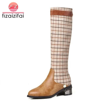 

Coolcept Plus Size 32-48 Women Knee High Boots Mixed Color Plaid Winter Fur Shoes Women Warm Zipper String Bead Flats Boots