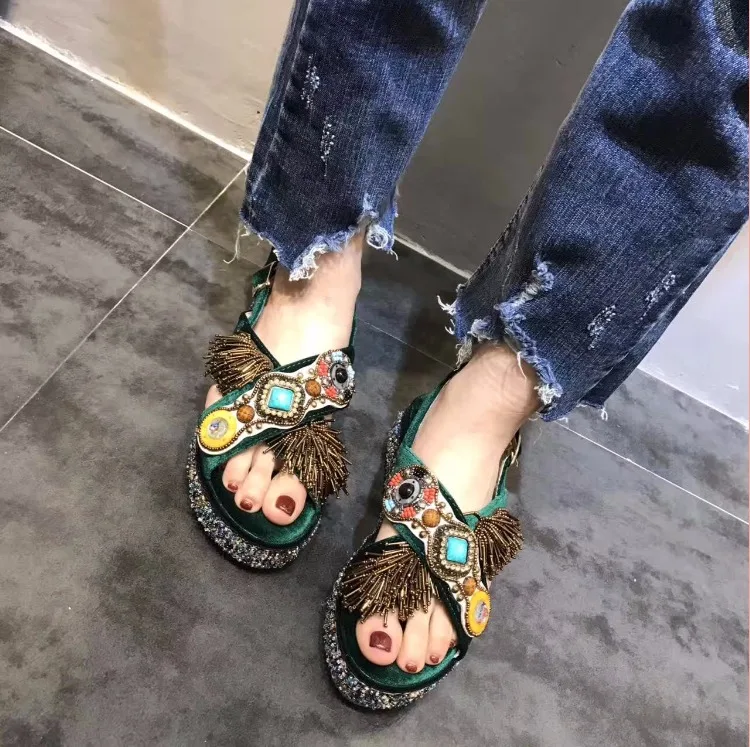 

Retro Green Feather Women Sandals Colorful Rhinestone Cross Woman Platform Sandals Casual Wedges Bohemina Ethnic Summer Shoes