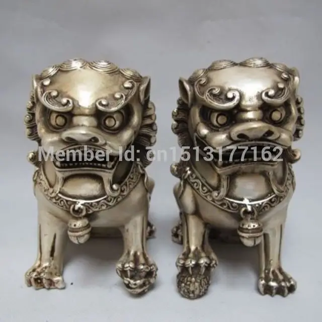 

Chinese Tibet silver carved guard Foo Dogs Lion pair statues Garden Decoration Bronze Finish Buddha Healing Statue