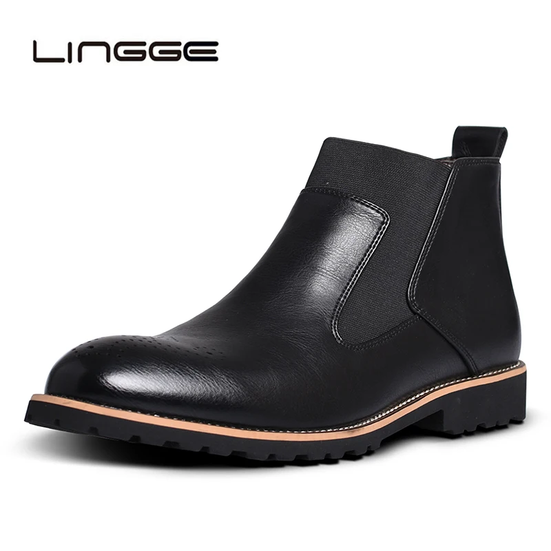 

LINGGE Men Classic Ankle Chelsea Boots Comfort Brogue Booties Winter Leather Boots Male Formal Office Dress Shoes Big Size 46