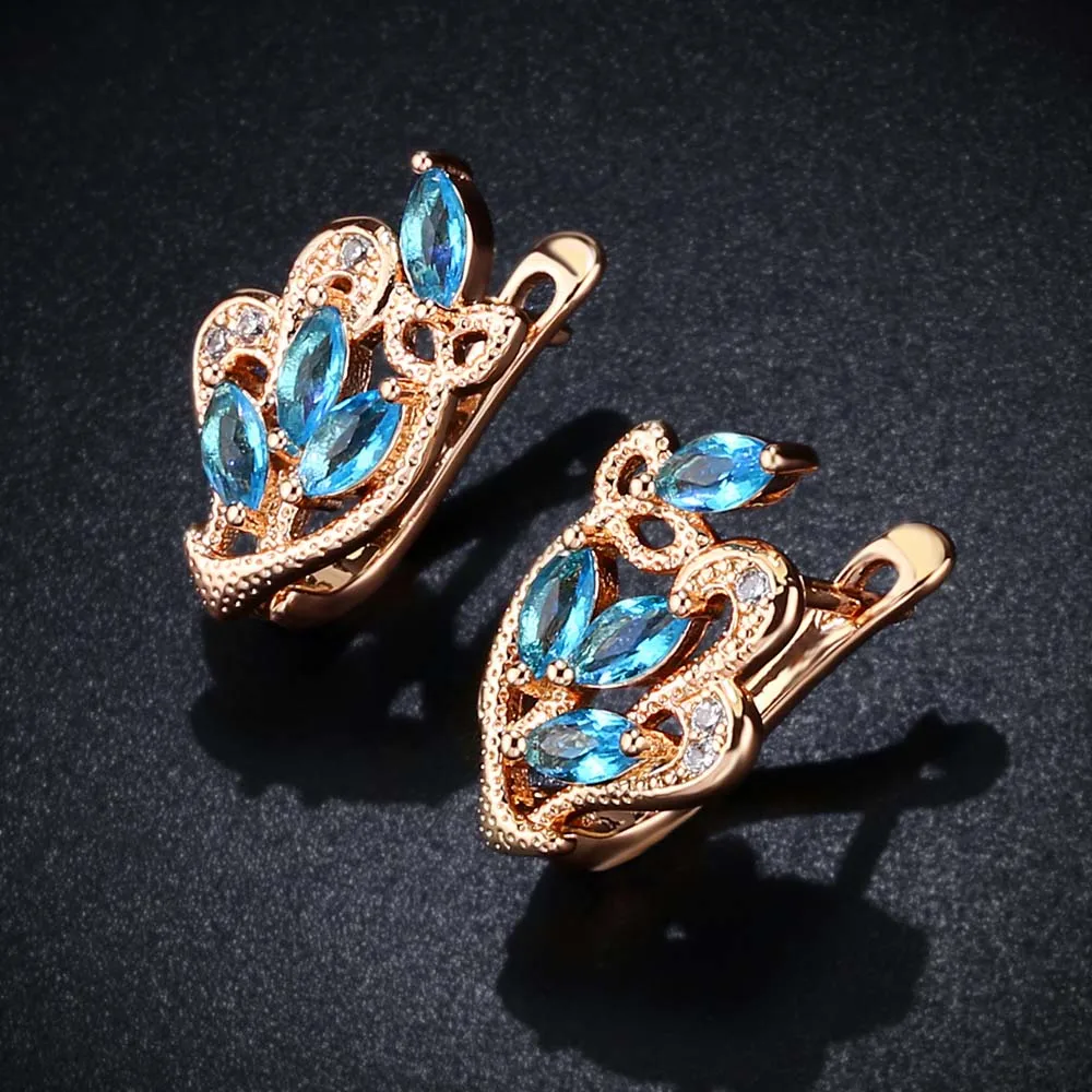 OCSERIO модные золотые 585 синие циркониевые серьги-гвоздики для женщин Лист Роза 585 золотые серьги с камнями золотые ювелирные изделия ers-j51