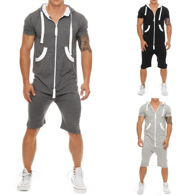 

HEFLASHOR 2019 Summer Casual Tracksuit Jumpsuit Mens Overalls Short Sleeve Sweatshirt Hoodies Romper Male Overalls Sportwear NEW