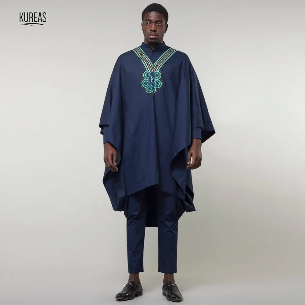 

Kureas Dashiki African Men Suit Agbada 3PCS Set Blue Boubou Africa Wear Wide-sleeved Robe Formal Attire