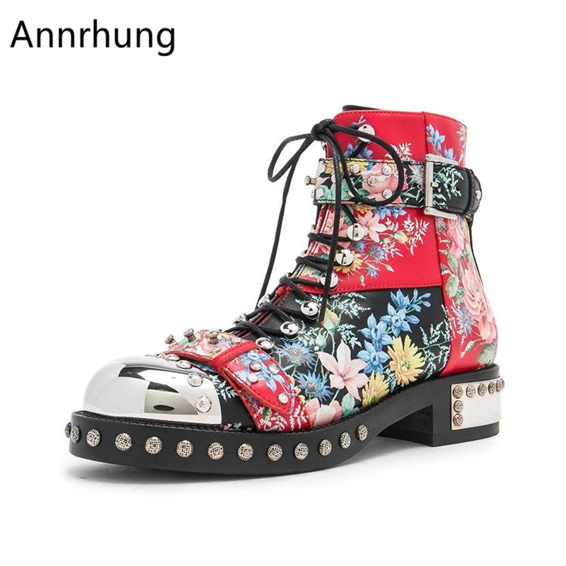 

Fashion Floral Print Rivet Decor Ankle Boots Women Cross-tied Round Toe Motorcycle Boots Chic Short Booties For Women