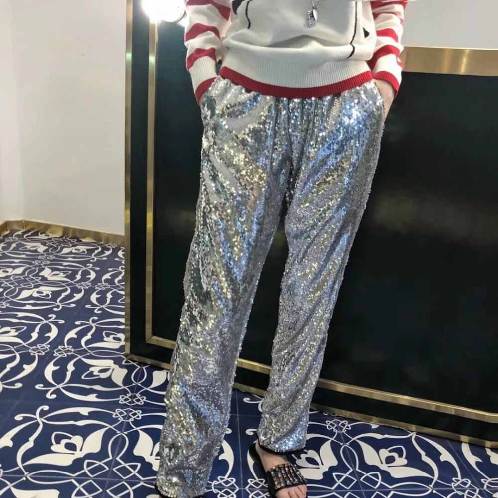 Recto Bling Casual De Silver Largo Mujer Mujeres Capris Pantalón Chic Cintura Pantalones Lentejuelas Lujo Fiesta Plata Elástica Cakucool 68Tqx7wPdT