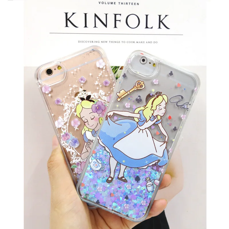

Chic Love Heart Sequins Alice Princess Blue Glitter Quicksand Transparent Phone Case for iPhone 6 6S 7 8 Plus X Back Cover Coque