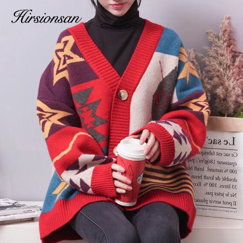 

Hirsionsan Sweater Women Autumn Knitted Cardigans Ladies Vintage Korean Letter Embroidery V Neck Fashion Soft Warm Ladies Coat