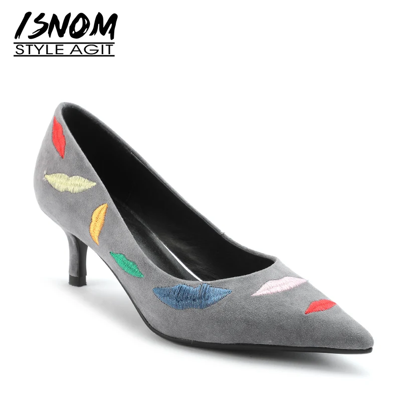 

ISNOM Thin High Heels Embroider Pumps Women Pointed Toe Footwear Kid Suede Shoes Female Office Shoes Woman 2019 Spring New