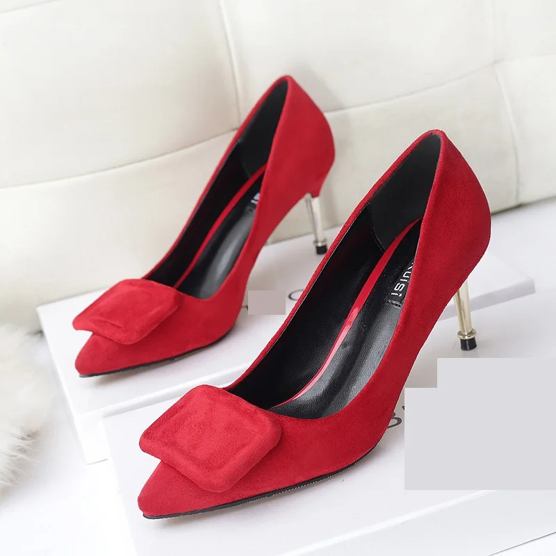 

The New spring 2017 square buckle single pointed High heel Shoes fine red wedding heels for Women's Shoes