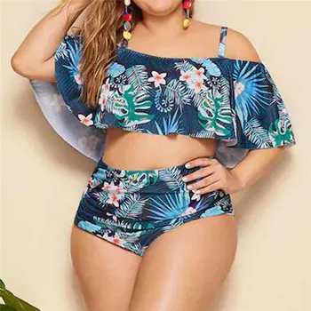 

Women Two Piece Swimming SuitPush Up Sets Plus Size Beachwear Swimsuit Bikini Leaf Print ruffle Women's Swimming Suit A1
