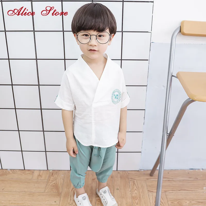 Children's summer cotton and line clothing sets baby boys chinese style