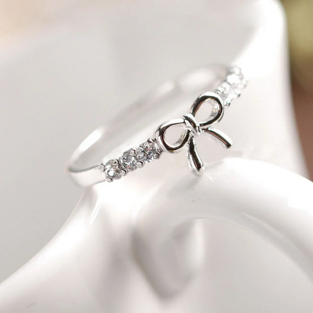 Fashion Charms Fine Women Korean Jewelry Simple Crystal Bow Rings For
