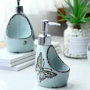 

Simple Ceramic Lotion Bottle Creative Dual-use Detergent Hand Sanitizer Bottle with Seat Bath Bottle Blue Pink Bathroom Shelves