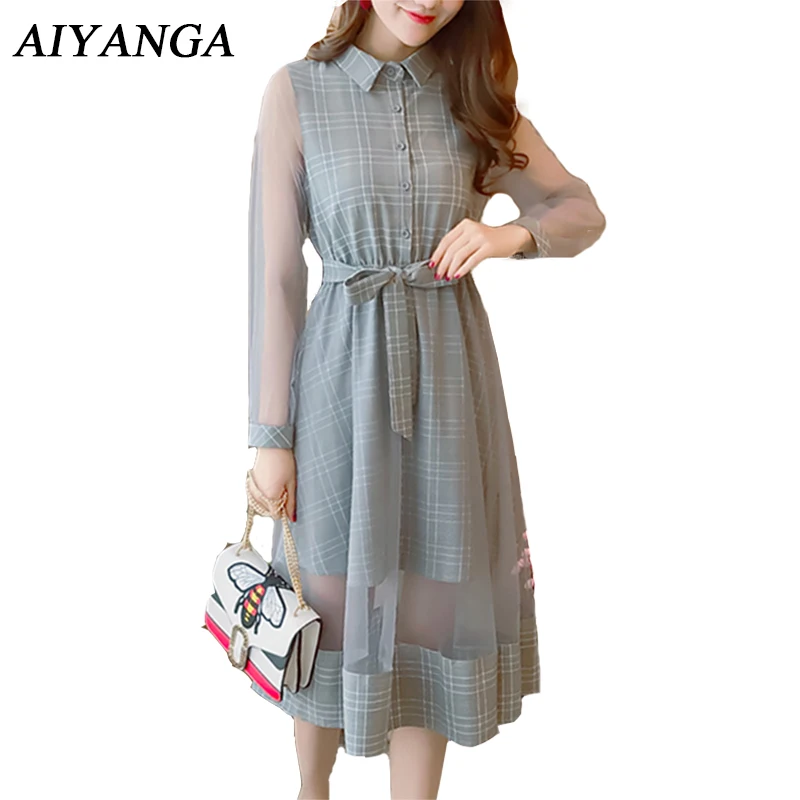

Quality Fashion Chic Women Plaid Dresses Spring Summer 2018 Patchwork Mesh Long Sleeve Medium long Elegant Ladies Slim Sashes