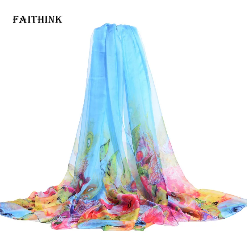 

[FAITHINK] Fashion Women Hijab Solid Peacock Wing Printing Poncho Scarf Long Large Size Bufanda 200*150cm Blue/Orange/Purple