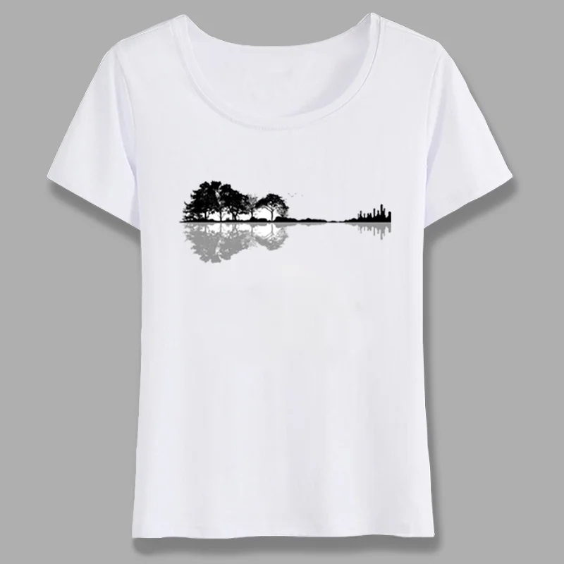 

Novelty Nature Guitar T Shirt Women Fashion Summer Style Music Instruwoment Tree Silhouette Ukulele Guitar Shape Tshirt Tops