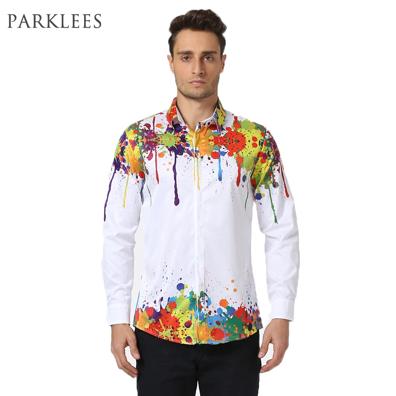 Colorful Shirt Men 2017 Splash Ink Printed Long Sleeve Chemise Homme