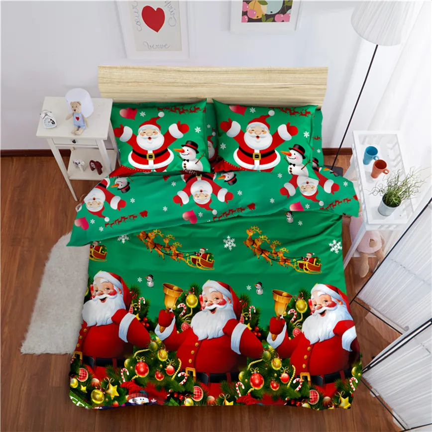 Green Christmas Bedding Set Cartoon Santa Claus Print Duvet Cover King