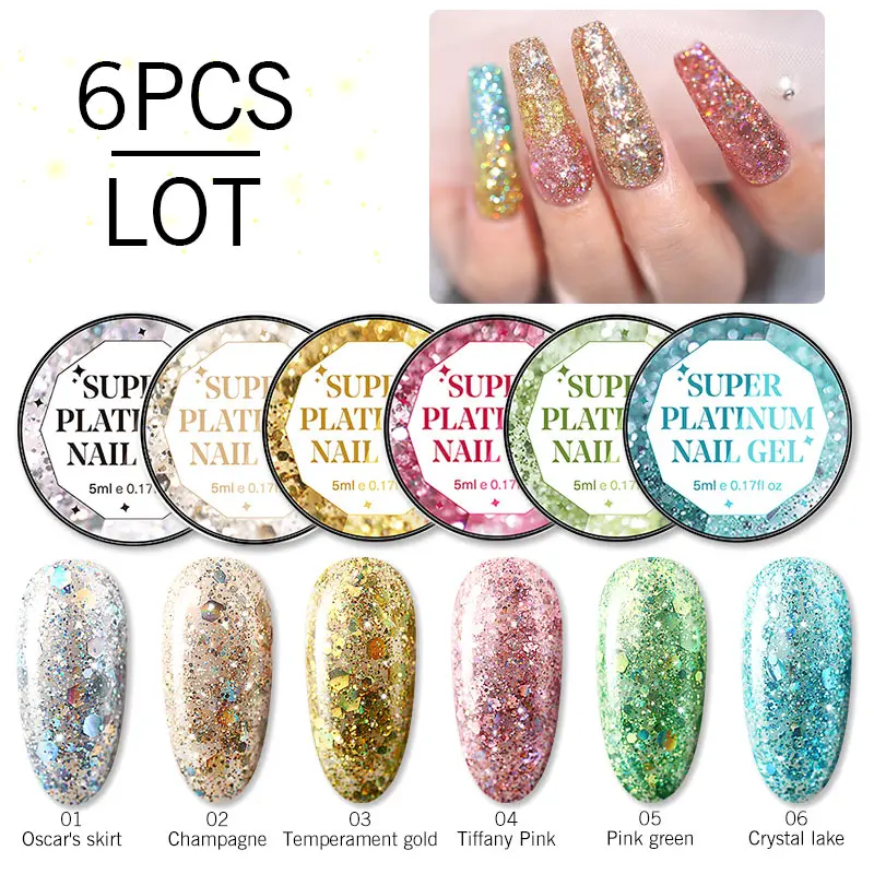 

Modelones 6Pcs/Lot Sparkly Platinum Glitter UV Gel Polish Long Lasting Led Hybrid Gel Nail Polish Soak Off Glitter Gel Lacquer