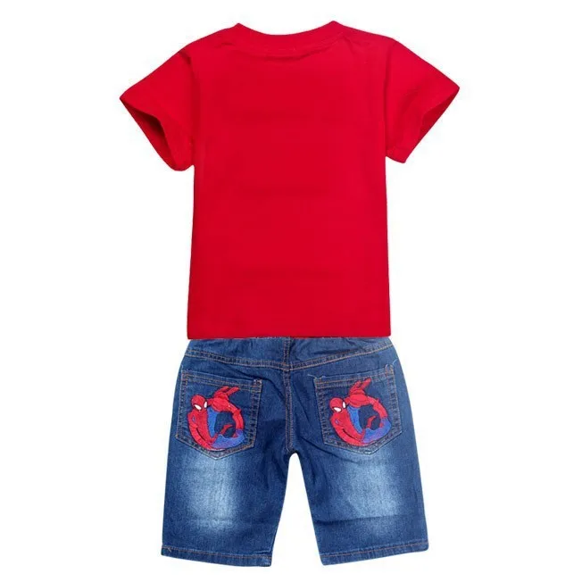 Коллекция года, розничная, летний детский комплект с человеком-пауком, модная детская рубашка с рисунком комплект с джинсовыми шортами, самая популярная одежда для маленьких мальчиков Детский комплект